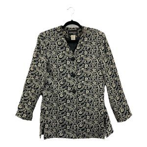 Adolfo Atelier Womens Blazer Black Floral Embroidered Lined Side Slit V Neck 10